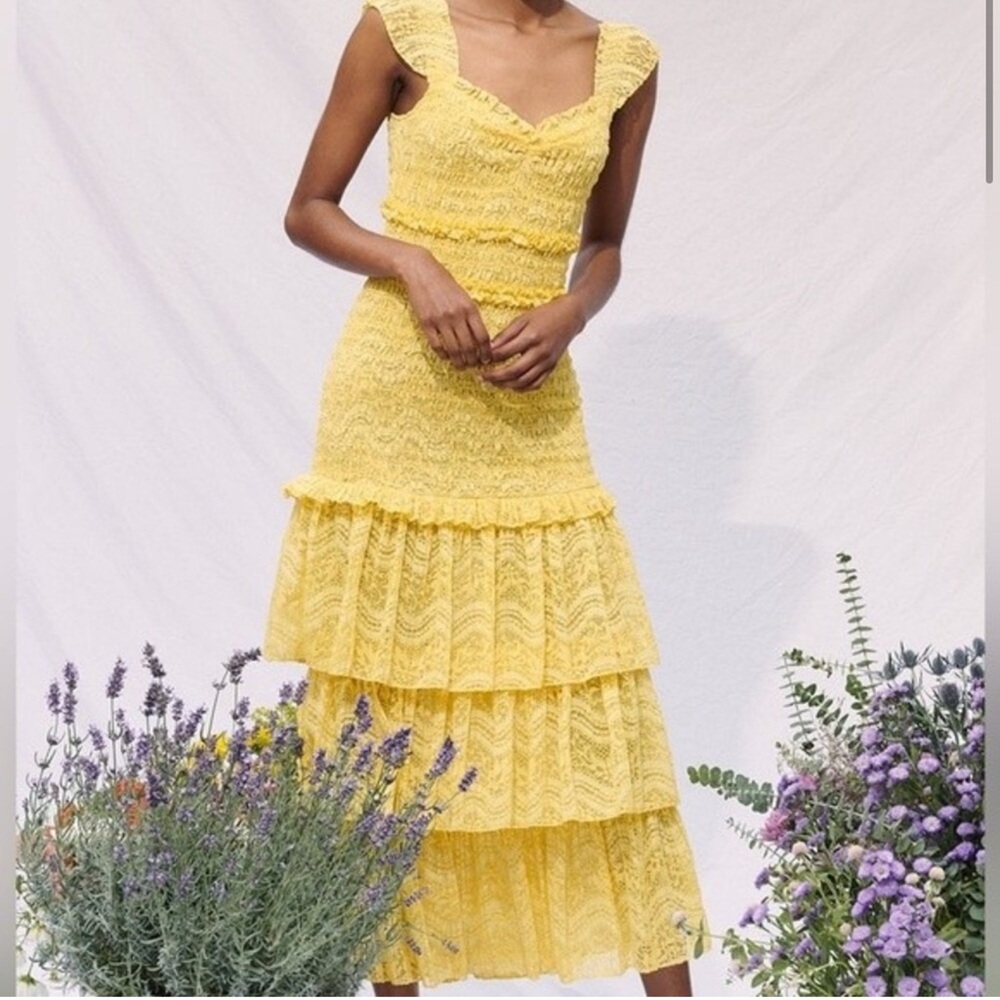 SAYLOR Yellow Tiered Ruffled Midi Dress